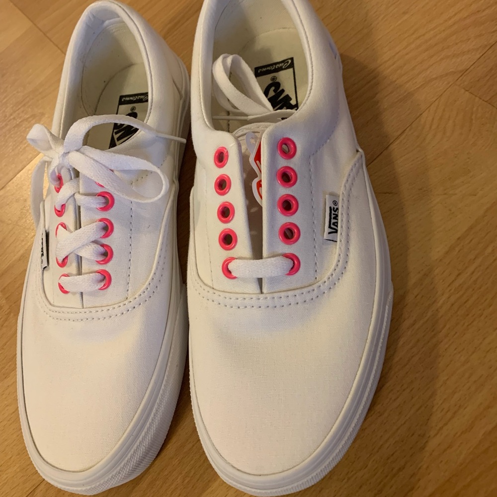 Custom Vans sneakers: all white with neon pink eyelets. Never been worn!